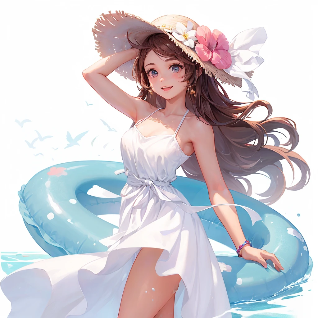 Half-length view,A beautiful girl,Swim ring in hand,Wearing a white beach dress,Wearing a hat,Side profile looking into the distance,sideways,Raise your hand,Posing for photos,Side View,Summer Clothes,Filming,Idle game icons,High-definition characters,Digital character illustration,Disney art style、 The hero's image in Clash Royale,Realistic Characters,Character style,Backlight,Charming character illustration style,The best quality of masterpieces,,Clean background IW 2 ,Super Detail,16K,Textured Skin,High Detail,3D Rendering,Ray Tracing,Octane renderer,Blender renderer,C4D Renderer Aspects 9: 16 -- less than 5 -- with 180
