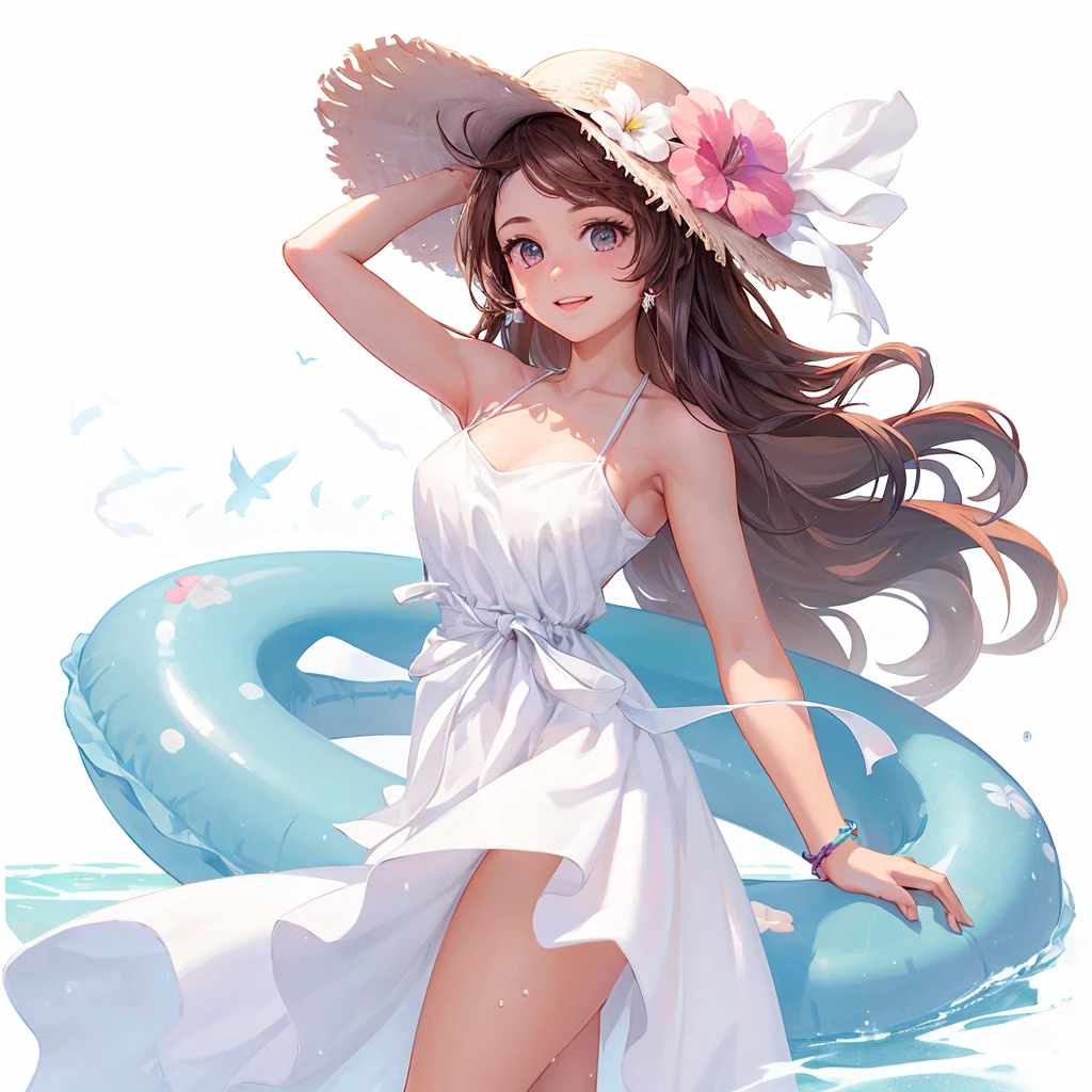 Half-length view,A beautiful girl,Swim ring in hand,Wearing a white beach dress,Wearing a hat,Side profile looking into the distance,sideways,Raise your hand,Posing for photos,Side View,Summer Clothes,Filming,Idle game icons,High-definition characters,Digital character illustration,Disney art style、 The hero's image in Clash Royale,Realistic Characters,Character style,Backlight,Charming character illustration style,The best quality of masterpieces,,Clean background IW 2 ,Super Detail,16K,Textured Skin,High Detail,3D Rendering,Ray Tracing,Octane renderer,Blender renderer,C4D Renderer Aspects 9: 16 -- less than 5 -- with 180