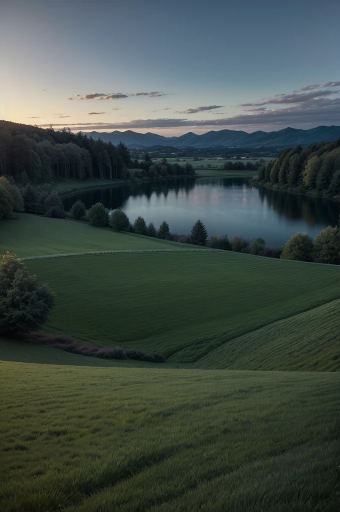 A landscape of a dark field, the dark green lawn and there is a lake in the background 