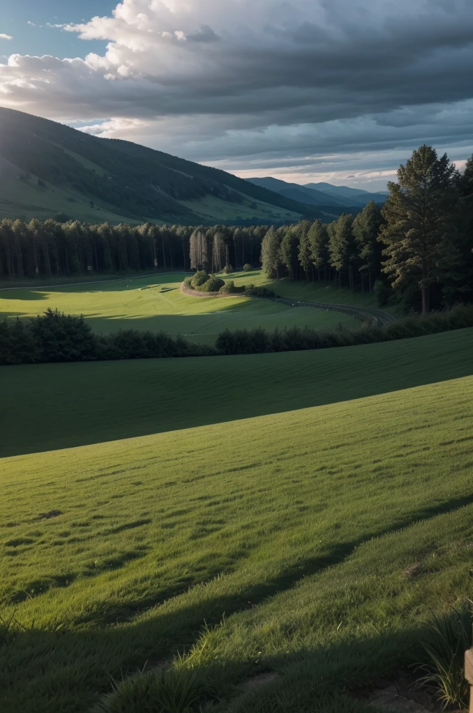 A landscape of a dark field, the dark green lawn and there is a lake in the background