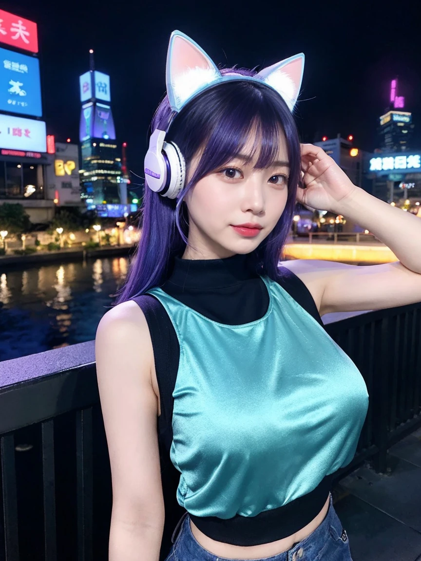 最high quality, masterpiece, 32K、Very detailed、Realistic、1 girl, Japanese women、Cute Face, (photo Actual:1.3),Bob Hair(Blue-violet hair color、Amazing blue and purple hairstyles)、Edge lighting, (Skin with attention to detail:1.2), 8k超High resolution, Single-lens reflex camera, high quality, High resolution, 4K, 8k, Optimal ratio of four fingers to one thumb, (Actual:1.3), cute 1 girl, Realistic、Super Realistic、32K、Very detailed、masterpiece, 最high quality, beautiful girl, beauty、Mecha, Beautiful lighting, (Neon Light:1.2), (night:1.5), K-Pop Idol Costumes、Sleeveless outfit、Shorts、Big Tits、Big Breasts、Large Breasts(big 、There is a valley)、Cat ears microphone headphones(Headphones Gaming Headgear with Mic、Head Fan)、Are standing、Cyber Neon、Future City、Skyscraper、都会のnight、Shanghai、big cities、night景、綺麗なnight景