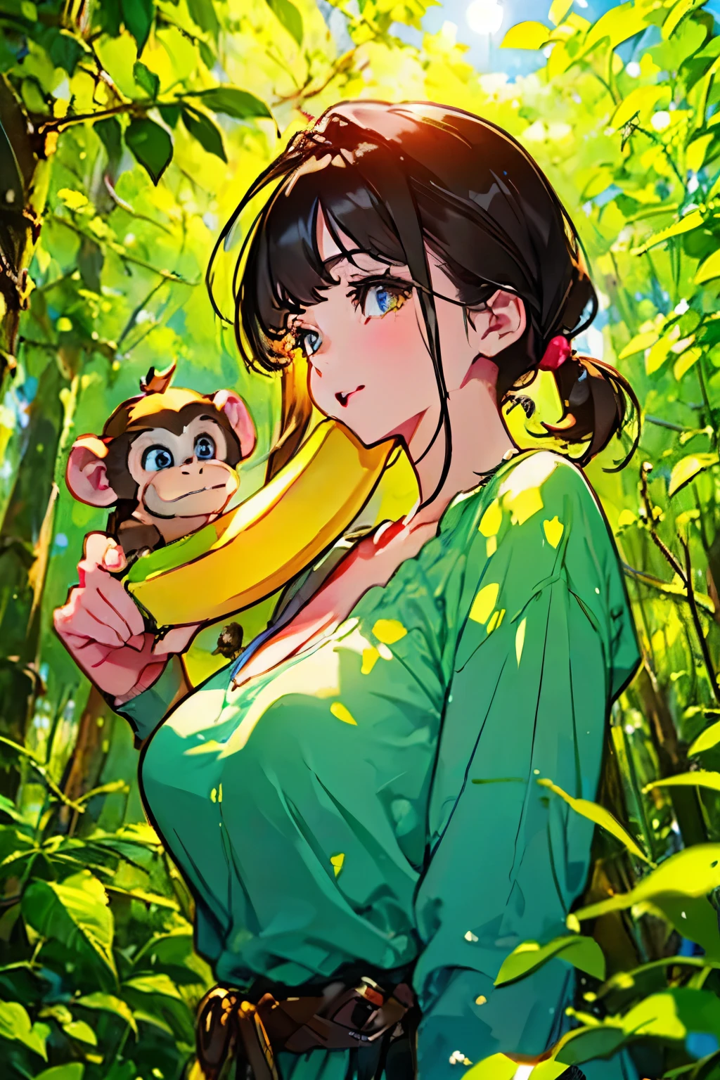 1girl and 1monkey,cute,big breast,cleavage,she has a banana,sunshine,in forest,nature