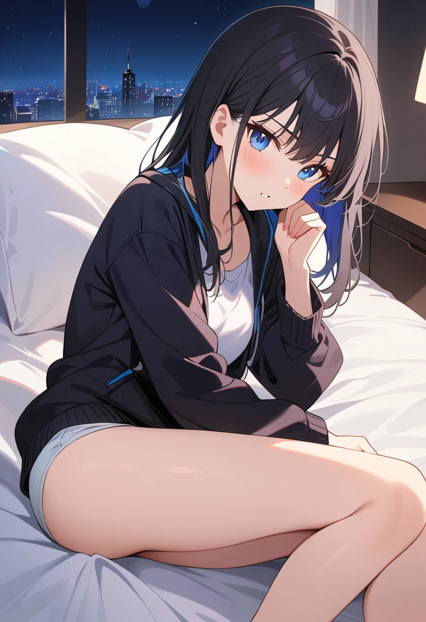 high quality,, 最high quality、 Stylish design, (((The most beautiful girl))), ((Thin legs))、(((最high quality))), High resolution, ((detailed)), ((masterpiece)), ((Super detailed)), -yeld giB girl fashion、Black Hair、Inner Color、((At the bed,night)),((Sexual))