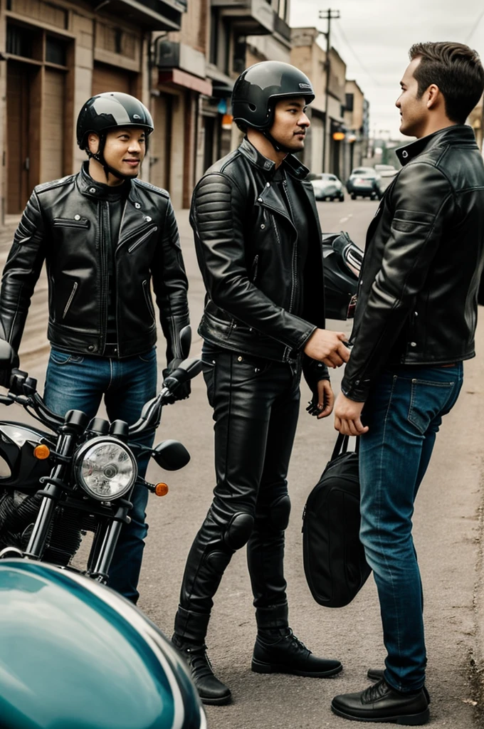 I need you to give me an image that shows two people, one bringing a motorcycle and the other person having a conversation with the other person.