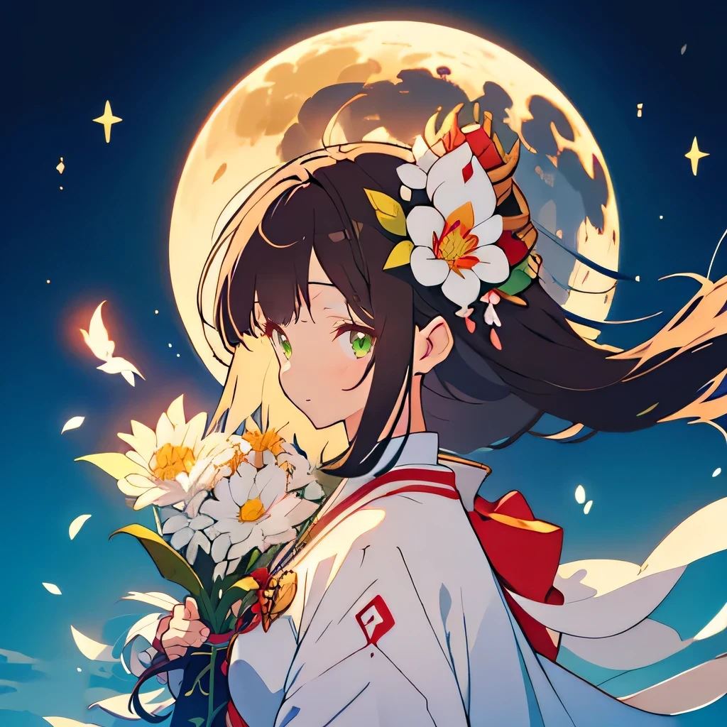 kawaii, anime, Cute, hyper quality, highly detailed, 8k, Clarity, dark brown long hair, green eyes, Moonlit beauty flower, Epiphyllum oxypetalum flower, upward glance, Front facing, come close, A pure white full moon in the sky, moonlight, shining hair, Moist eyes, Draw facial expressions in detail, A Queen of the Night, Dutchmans pipe cactus, Hanafuda art, flowers, birds, wind and moon, A white flower with radiating petals, moonlight, large white flower, The wind is blowing, White flower,