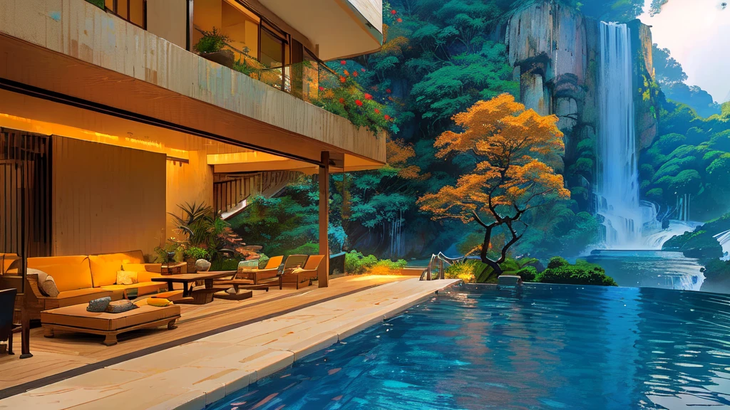 arafed view of a waterfall and a pool with a couch and chairs, luxurious environment, relaxing environment, next to a tropical pool, beautiful render of a landscape, modern house in the wood, stunning nature in background, modern setting, very close to real nature, in a scenic background, 8 k landscape render, quiet and serene atmosphere, serene environment
