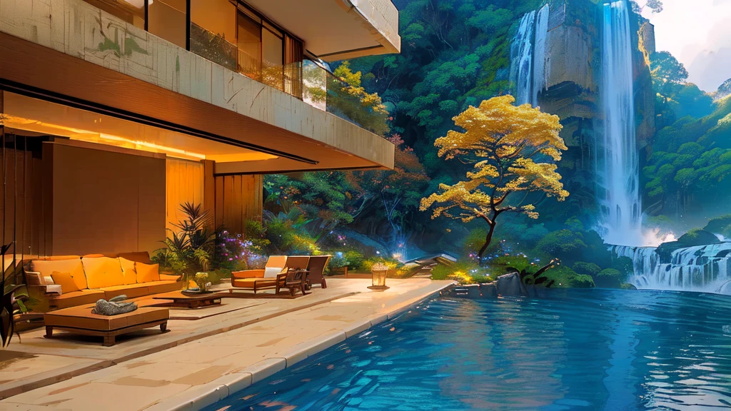 arafed view of a waterfall and a pool with a couch and chairs, luxurious environment, relaxing environment, next to a tropical pool, beautiful render of a landscape, modern house in the wood, stunning nature in background, modern setting, very close to real nature, in a scenic background, 8 k landscape render, quiet and serene atmosphere, serene environment