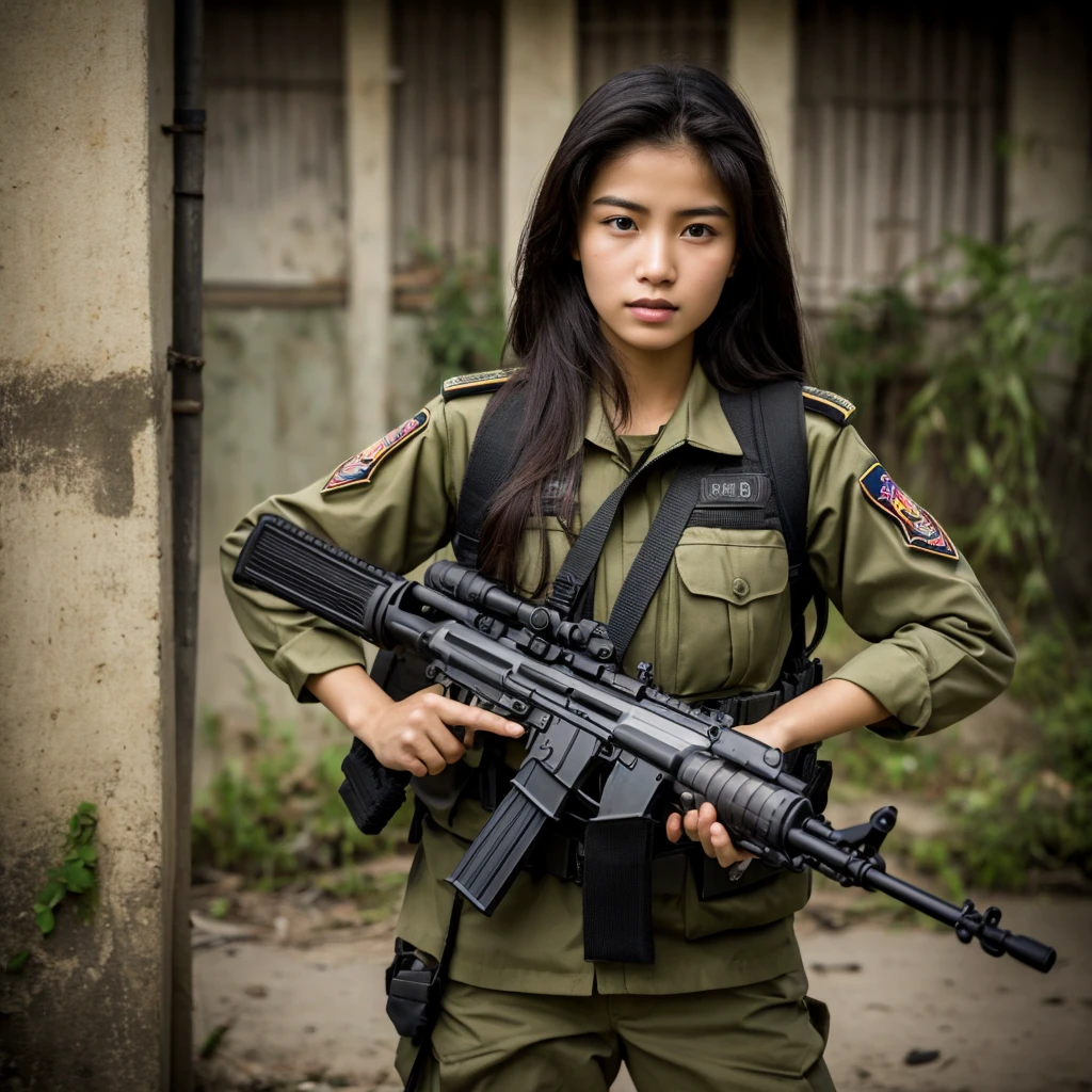 4D hyper realistic image about a beautiful 20 year old Indonesian woman in student uniform holding AK47 rifle, long hair, slim athletic body, detailed eyes, proud Indonesian female student, portrait of female student, female student portrait, beautiful female student, Indonesia, about a sniper girl in the war, holding a rifle AK47, holding a rifle, arms folded, portrait of a female city guard, standing in the middle of the city, portrait taken from below, portrait taken, by Arthur Sarkissian, face full of determination, with an AK47 rifle, with an AK47 rifle in hand, very high resolution .photorealistic: 1.4, UHD, In a distant future, power has run out and the old machines of war are left to rot, cloudy atmosphere,.
