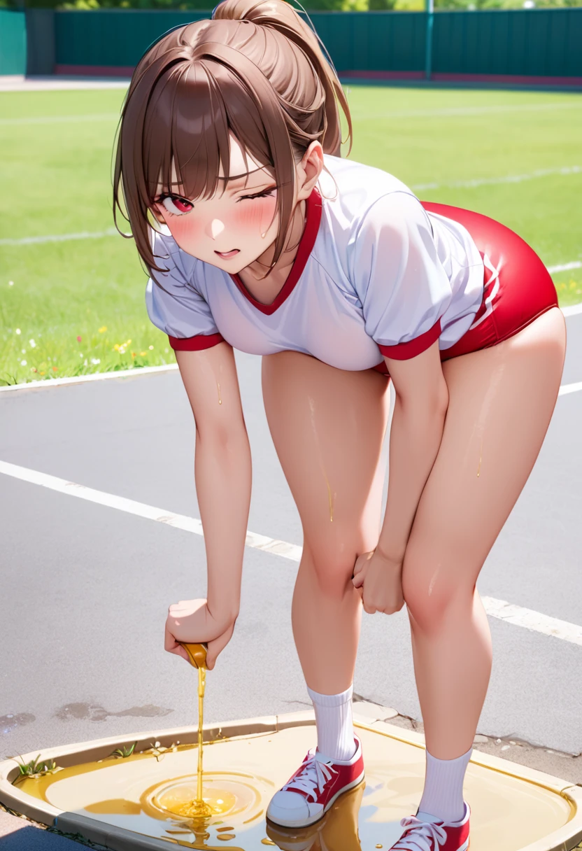 nsfw, (masterpiece, top quality, best quality, highly detailed:1.6), extremely detailed CG unity 8k wallpaper, (leaning forward,close knees, hands between legs, pee running down legs:2), (standing), (woman standing on the Sports field:1.5), strong facial expression, (sharp eye:1.2), (scowl:1.1), (embarrassed,blush:1.3), (steam:1.5), (wet, sweat:1.1), (trembling, parted lips:1.4), (harf open eyes:1.5), (feeling weak:1.5), (one eye closed, wink), (shoot from front, looking at  viewer:1.3), colorful,  School garden, School building, ((Outdoor)), (wearing red buruma:2), short sleeve (white gym uniform with colored hem:1.3), (Ponytail, Brown hair:1.5), full body, (woman trembling with sexual climax), urination, piss, peeing self, A lot of pee, having an accident, (((clutching crotch))), large breasts, standing, (((pee stream))), (pee puddle), pee stain, peeing, blush, embarrassed, Are crying, Yellow pee, ((leaking pee)), Shaking one's shoulders, Breaking a sweat on forehead, wetting self, puddle of pee, Pee at your feet, Pee spread on the floor, Pee stains, Dripping pee between my legs, Feet wet from pee, Pee-covered feet, Pee at your feet, want to pee, about to pee, Full bladder, Pee-soaked panty, Pee-soaked buruma, Pee-soaked shoes, Pee-soaked ankle socks, The limit of holding in pee, A big pee, Pleasant pee, a big puddle of urine at my feet, can't stand it and urinate, can't stand peeing, Non-stop peeing, Unstoppable peeing, panty wet with pee, can't make it to the toilet in time and I pee, A pleasant feeling of urination after holding it in to the limit, Pee-soaked thighs, , natural makeup,