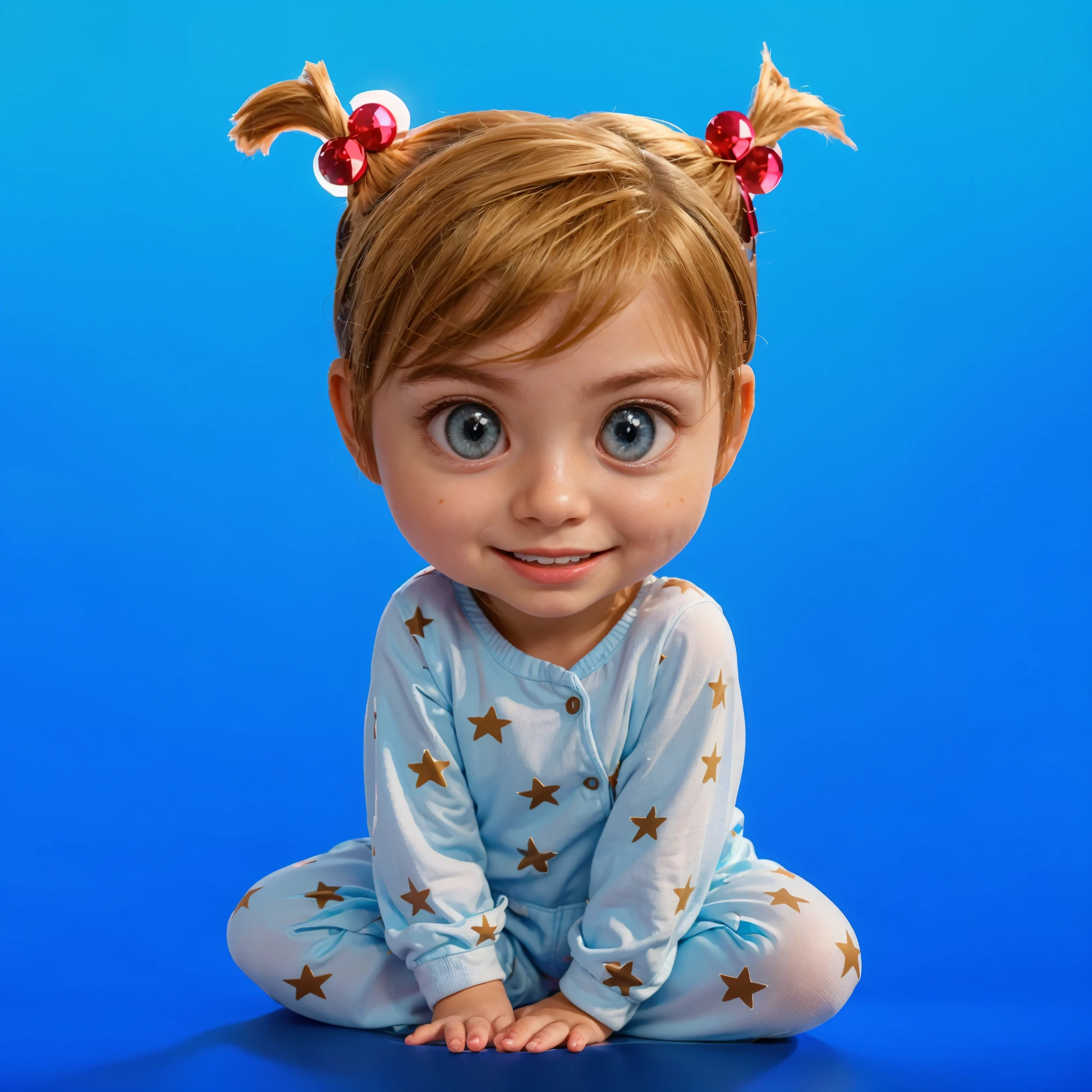 This image features a depiction of Riley Andersen, the young protagonist from the animated movie "Inside Out." The toddler version of Riley here captures her youthful innocence and playful spirit, characterized by her large blue eyes and blonde hair styled in whimsical pigtails. Dressed in a soft blue onesie adorned with stars, Riley exudes curiosity and joy, reflecting her character's bright and lively personality from the film. The vibrant blue background highlights her cheerful disposition and imaginative nature. vibrant contrast to his attire and accessories.аffects render, (glossy plastic texture with multiple big light probe refractions), perfect cgi, smooth silhouette, high intensity refraction, (super glossy plastic material), most beautiful vfx, , realistic, 4k, high resolution, rim light, smooth 3d model, multiple light sources, rim light, sharp post effects render,, realistic, 4k, high resolution, rim light detailed digital art, reflective, best quality, 4k, masterpiece:1.2, ultra-detailed, realistic, vivid colors, The image of the highest quality, ensuring every detail showcased perfectly. It in 4k resolution, allowing viewers to immerse themselves in the richness of the colors and intricate details. The realistic rendering. under the spotlight, reflecting, high-resolution image, realistic rendering