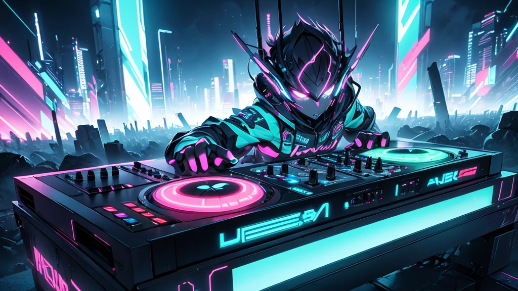 Design a captivating YouTube banner for 'DJ Energy' with a dark, apocalyptic theme. The background should feature a crumbling cityscape at dusk, with remnants of buildings silhouetted against a dark, stormy sky. Neon lights in electric blue and neon green should pierce through the darkness, casting an eerie glow over the scene. In the foreground, place a DJ deck with glowing controls, where vibrant sound waves and music notes in neon colors radiate outward, creating a sense of motion and energy. 'DJ Energy' should be written in bold, futuristic font with neon green accents, slightly cracked and weathered to match the apocalyptic setting. Include subtle, abstract lightning bolts around the text to emphasize the energetic theme. The overall atmosphere should be dark, electrifying, and visually striking, perfectly capturing the essence of an EDM DJ in a post-apocalyptic world.8k