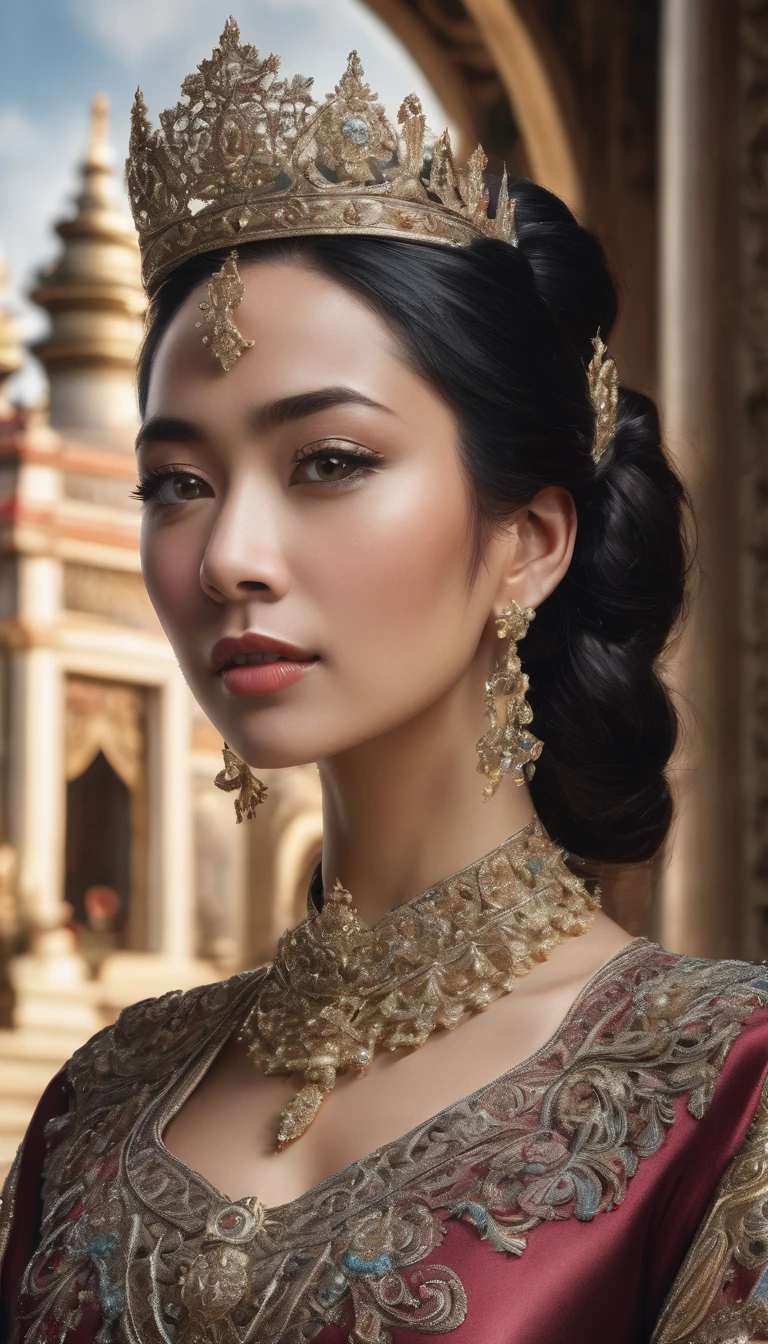 high detail, best quality, 8k, [very detailed], masterpiece, best quality, (very detailed), ultra wide shot, photorealistic, image of a Javanese empress wearing a Javanese royal gown (intricate detail, Masterpiece, best quality: 1.5 ), holding a scepter (intricate detail, Masterpiece, best quality: 1.5), wearing a crown with 12 stars (intricate detail, Masterpiece, best quality: 1.5), standing in front of the palace facing the enemy (intricate detail, Masterpiece, best quality: 1.5), black hair, long hair, flowing hair, sharp eyes, dynamic light, from the front, [[12 stars in the background]], best quality, high resolution, ultra wide angle