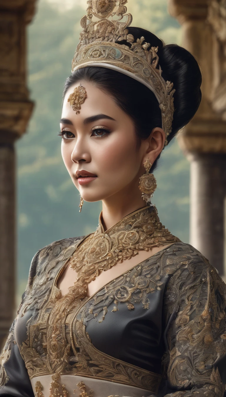 high detail, best quality, 8k, [very detailed], masterpiece, best quality, (very detailed), ultra wide shot, photorealistic, image of a Javanese empress wearing a Javanese royal gown (intricate detail, Masterpiece, best quality: 1.5 ), holding a scepter (intricate detail, Masterpiece, best quality: 1.5), wearing a crown with 12 stars (intricate detail, Masterpiece, best quality: 1.5), standing in front of the palace facing the enemy (intricate detail, Masterpiece, best quality: 1.5), black hair, long hair, flowing hair, sharp eyes, dynamic light, from the front, [[12 stars in the background]], best quality, high resolution, ultra wide angle