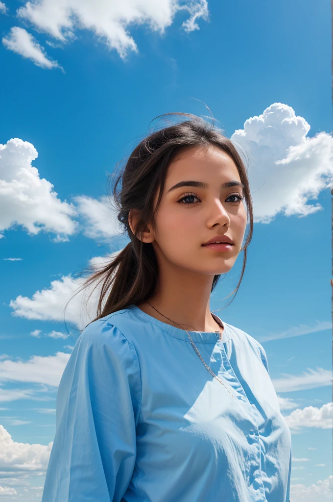 A beautiful girl with blue sky and clouds background