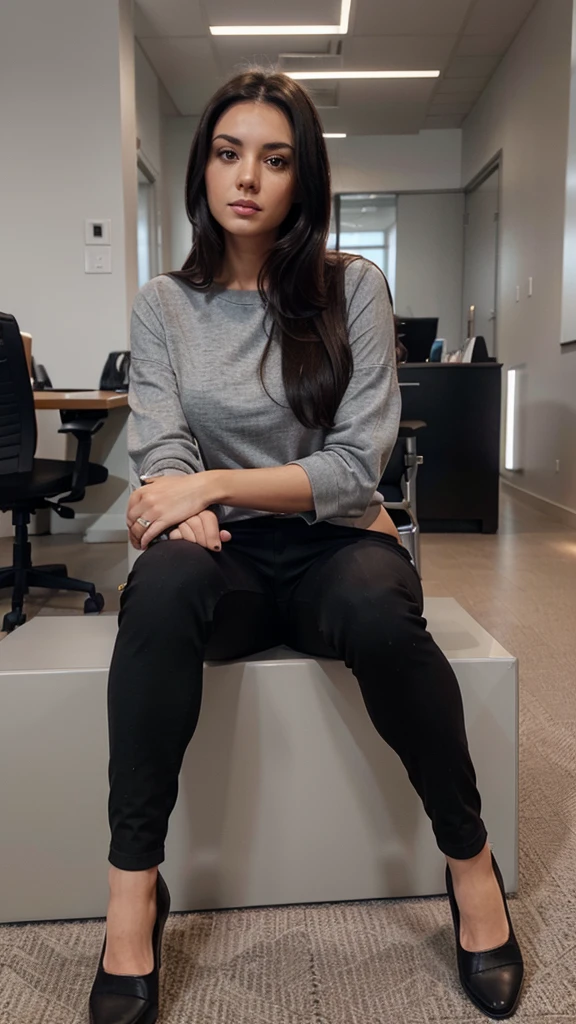 Brunette using a grey tight caffarena. straight black hair. black office pants. black flats. sitting, legs crossed. Instagram style photo, detailed face, UHD, front view