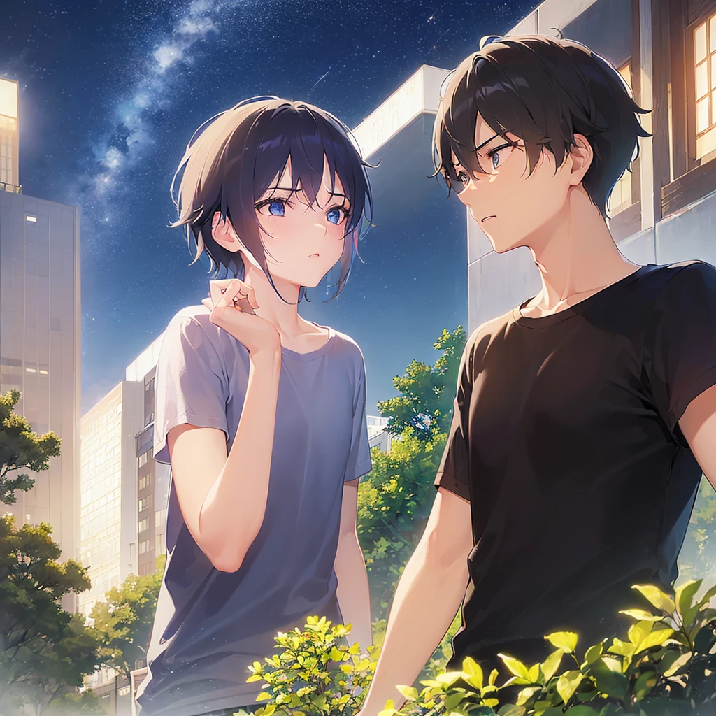 (looking away:1.5),upper body,
shiny skin, masterpiece、Highest quality、(30-year-old male:1.5) and (Black short hair) and (blue eyes)
(black) and (T-Shirts),Embarrassed、
Night Park、（Night Sky：1.5）、grass、（alone:1.5）