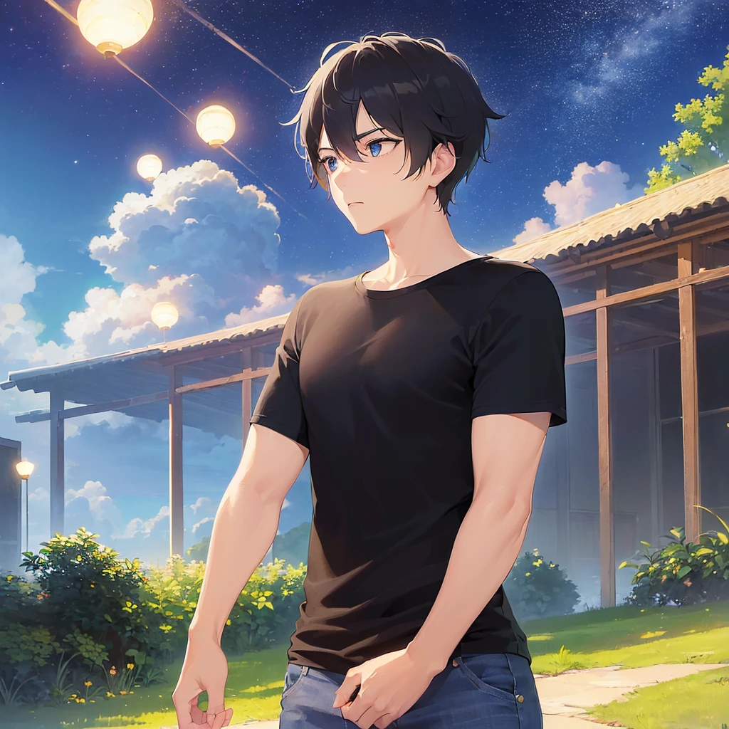 (looking away:1.5),upper body,
shiny skin, masterpiece、Highest quality、(30-year-old male:1.5) and (Black short hair) and (blue eyes)
(black) and (T-Shirts),Embarrassed、
Night Park、(Night Sky:1.5)、grass、(alone:1.5)