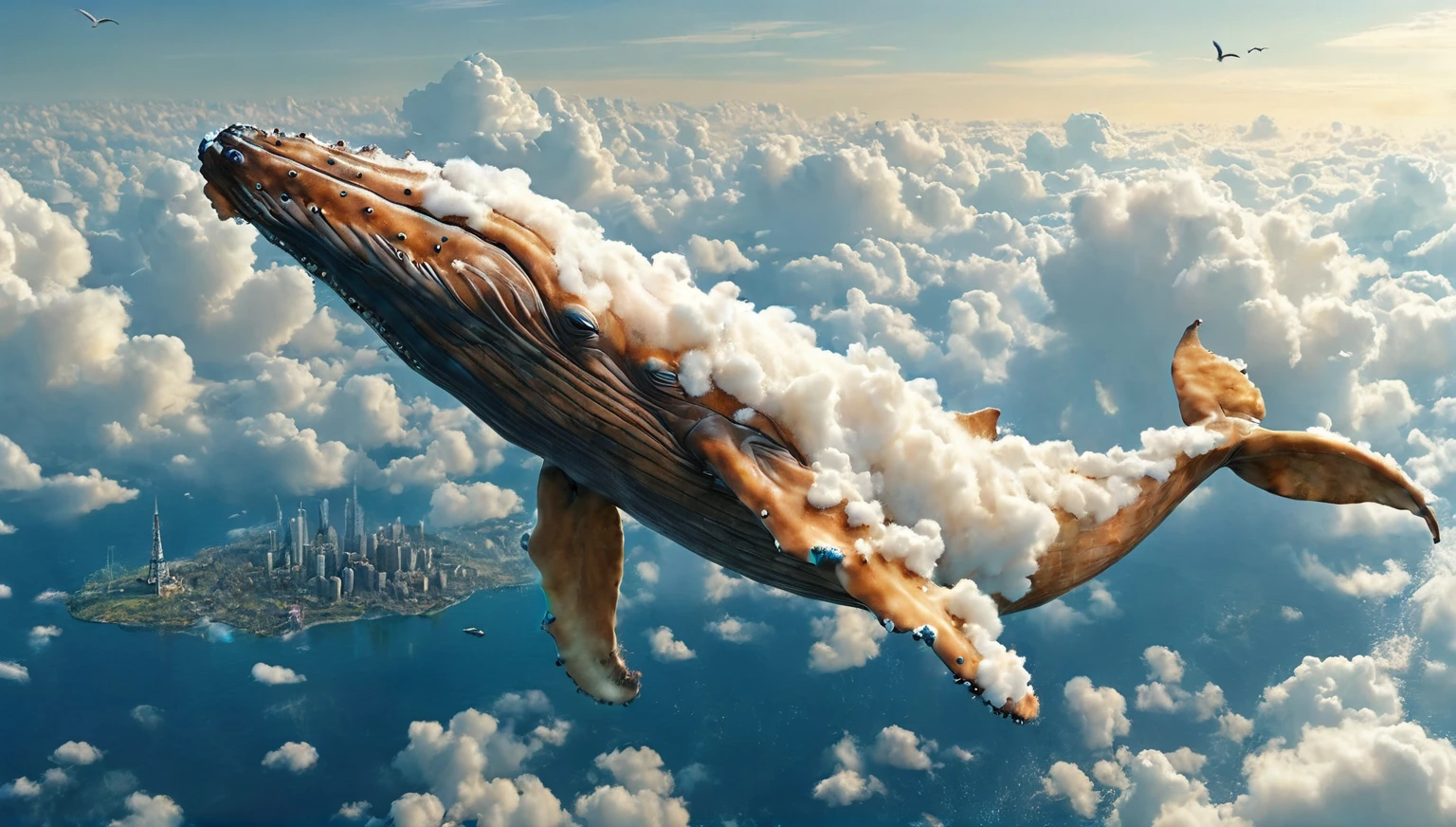(((A colossal whale made of marshmallow-like white clouds))), (((whale's body entirely covered in fluffy white clouds))), (((soaring through the sky))), dreamy world, flying in the sky, iron towers on the ground, (bird's-eye view:1.3), (best quality, 8k, highres, masterpiece:1.2), ultra-detailed, (photo-realistic:1.4), sharp focus, vivid colors, ethereal atmosphere, soft lighting, magical, surreal
