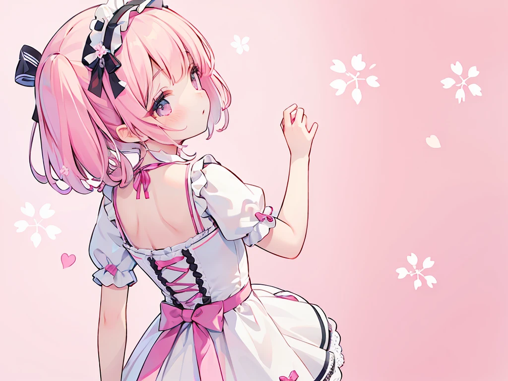 (masterpiece:1.2), best quality, highres, original, (extremely detailed:1.2), ultra-detailed, wallpaper, perfect lighting,(extremely detailed CG:1.2), 8k, 1boy, solo, crossdressing, tomgirl, kawaii, (twintails, pink hair:1.1), (Lolita Fashion, pink lolita dress, short-sleeves, bowknot on waistline, lace hemline, knee-length dress, delicate dress:1.2), (anatomically correct:1.3), standing, close-up, from behind, view of back, back-angle, (dreamlike background, pink background, girly background, sakura patterns:1.2)