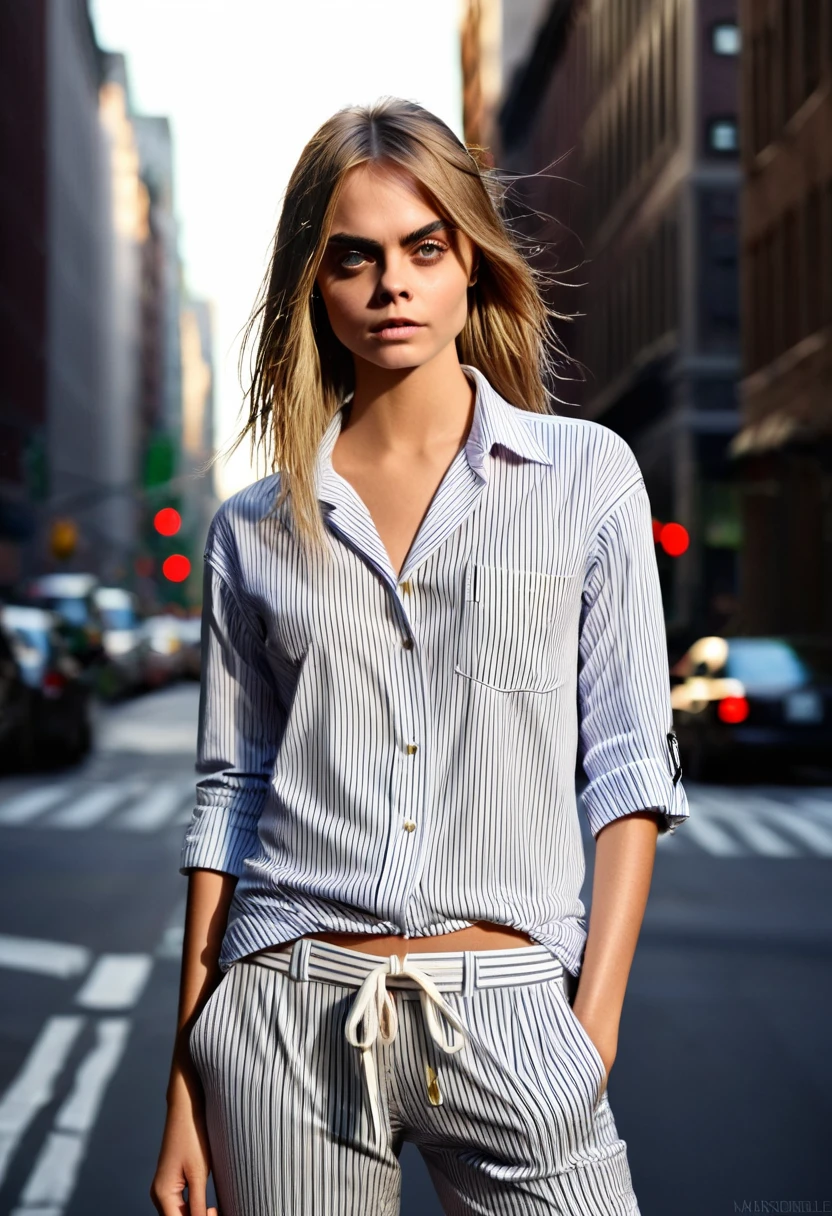 high resolution photo, sexy, sluty, lovely, desirable,provocative cara delevingne in tight shoulder free shirt, pinstriped pajama pants,jewelry, in the city, sunny summerday. This photo was taken in the style of photographer Patrick Demarchelier using a Canon EOS-5D Mark III camera. hyperdetailed, cinematic lighting, f/16, award winning, masterpiece
