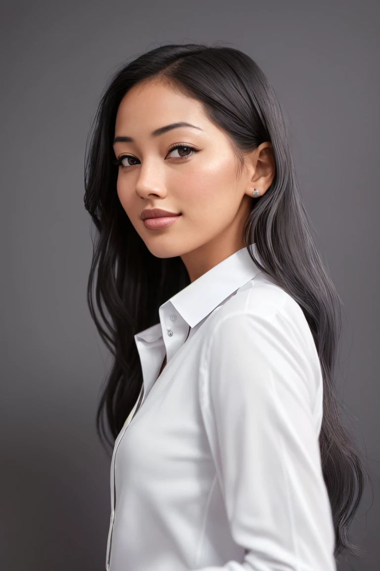 CindKimb official ID photo of a young woman in a (elegant detailed secretary fitted white shirt :1.5), (neckline:1.5), (professional photo , studio lighting, Hard light, Sony A7, 50 millimeters, (Hyper realistic), great depth of field, matte skin, pores, colors, hyperdetailed, Best Quality, photorealistic, 8k, High resolution, Best Quality), 1 girl, (portrait),  (dark gray photo studio background:1.4) , looking at the viewer, (eye contact:1.4), PENETRATING EYES, happy, smile afectada, smile, Intricate