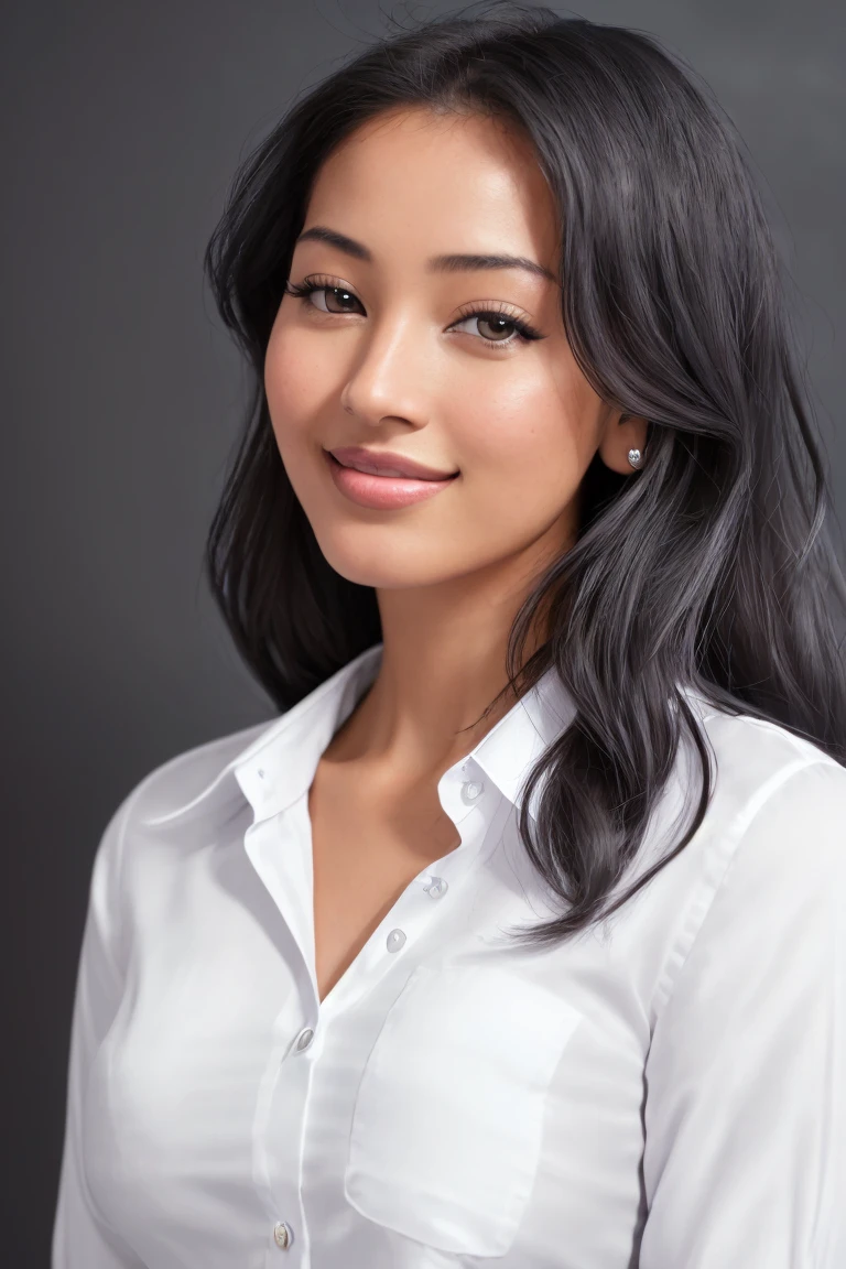 CindKimb official ID photo of a young woman in a (elegant detailed secretary fitted white shirt :1.5), (neckline:1.5), (professional photo , studio lighting, Hard light, Sony A7, 50 millimeters, (Hyper realistic), great depth of field, matte skin, pores, colors, hyperdetailed, Best Quality, photorealistic, 8k, High resolution, Best Quality), 1 girl, (portrait),  (dark gray photo studio background:1.4) , looking at the viewer, (eye contact:1.4), PENETRATING EYES, happy, smile afectada, smile, Intricate