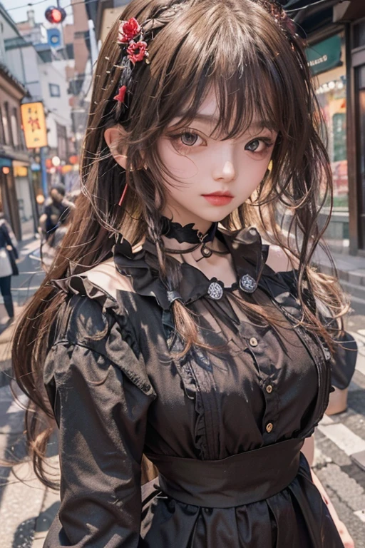 ((whole body))、((One Girl))、(Age 27)、((Braided Hair))、((Straight bangs))、((Flowing Hair))、(Take in the view)、Gothic Lolita、((Black maid outfit))、(Eye patch for left eye)、(Realistic:1.2)、In 8K、(High Quality Shadows)、Beautiful and delicate face、Beautiful and delicate eyes、Cute K-pop Idol、(The Face of Ulzan in Korea)、(Urzan-6500-v1.1:0.6)、Glowing Eyes、Perfect body、Natural color reproduction、((Strong light))、Bright red lipstick、(choker)、((Brown eyes))、Shiny Hair、Description of beautiful and delicate hair、(Glowing Skin)、(night)、Japanese、(dark alley between buildings)、Street lamp、Shoulder Bare、Small red rose tattoo on the décolletage、