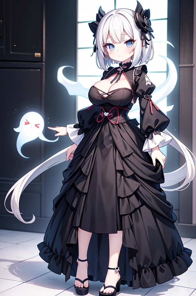 Anime-style image of a woman with white hair and black clothing, Cute 3D anime girl render, Cute anime waifu in a nice dress, Anime VTuber Full Body Model, Anime girl in a black dress, Gothic Maiden Anime Girl, Highly detailed characters, Official character art,Onmyoji,Big Tits,ghost,Bobcut