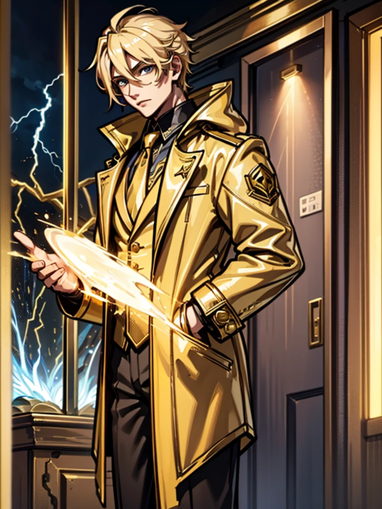 A young man,blond,lightning,Standing,Cool,Gold coat,domineering,HD