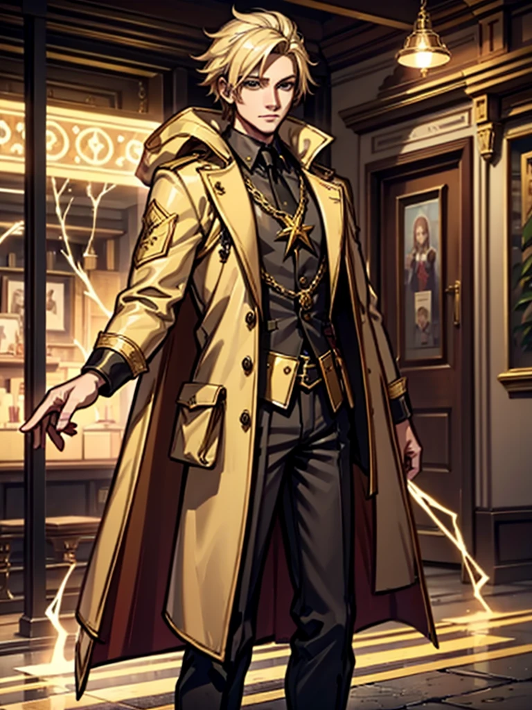 A young man，blond，lightning，Standing，Cool，Gold coat，domineering，HD
