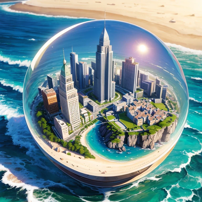 mini(ttp), (8k, original photo, best quality, masterpiece:1.2), Colored background, clean background, Depth of Field, City, high-rise building, miniature, landscape, Isometric,in crystal ball, 16:9, beach, wave