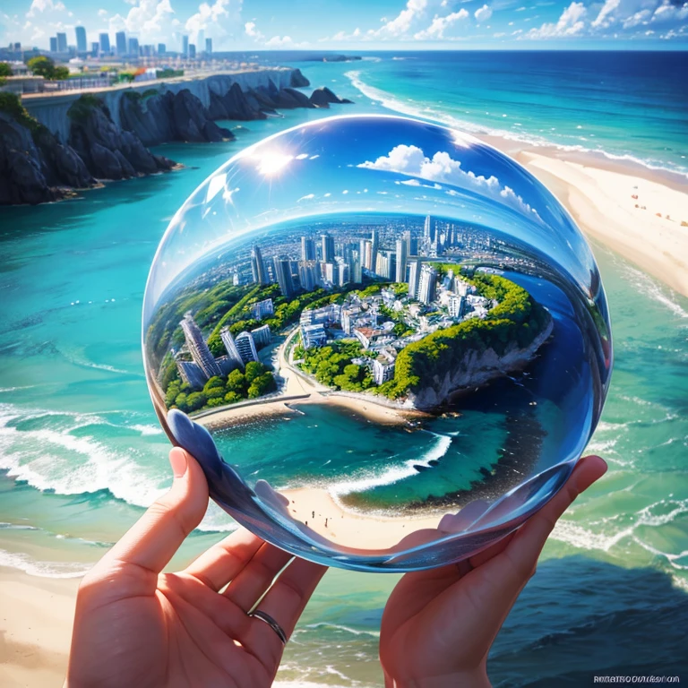 mini(ttp), (8k, original photo, best quality, masterpiece:1.2), Colored background, clean background, Depth of Field, City, high-rise building, miniature, landscape, Isometric,in crystal ball, 16:9, beach, wave