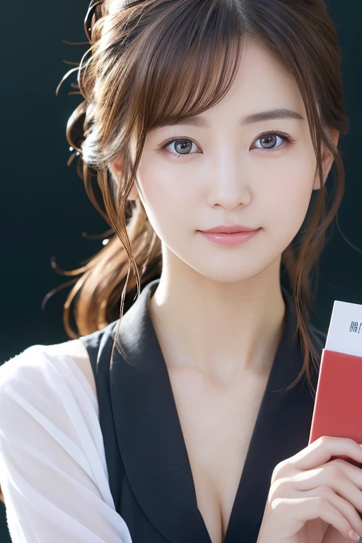 You are a professional photographer。masterpiece、8K、Highest quality, Soft Light, Ultra-high resolution, (Realistic:1.4), RAW Photos,Age 27 、1 Japan, alone, cute、(pupil, Light in your eyes), Natural black eyes、Beautiful face in every detail, (Small box),(High resolution detail of human skin texture)、(Cleavage、Big Breasts)、Delivery Person 、Wear a post office uniform、deliver a letter、post office,Pedalling a bicycle、(Portraiture)、