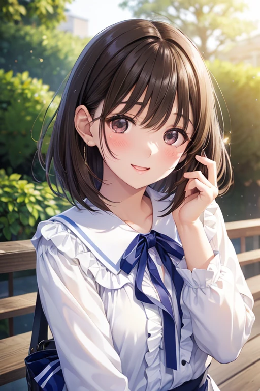 anegasaki nene、Shiny brown hair, short hair, (Beautiful brown eyes、Sparkling eyes, Fine grain)、smile、Ultra-detailed eyes、Highly detailed face, Highly detailed eyes,


(White ruffled blouse) and (Long sleeve), look up, Upper Body, Realistic,  (Pale skin: 1.2), RAW Photos, Realistic, Portrait Photography, Glowing Skin, Japanese Idols、Shiny Hair、(25-year-old woman)  , smile, Open your mouth, (blush:1.3), background
