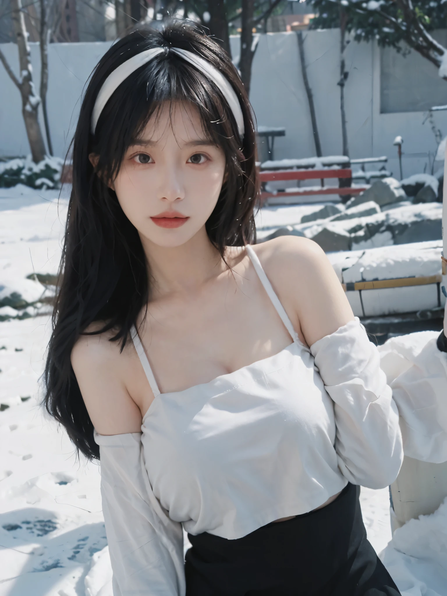Portrait photography,1 girl,Snow Scene,Snowing background,Push-up non-slip tube top ,(whole body:1.4),Lipstick,(Big Breasts:1.6),Headband,serene,calm,(Realistic and detailed eyes,Natural skin texture,Realistic facial details),