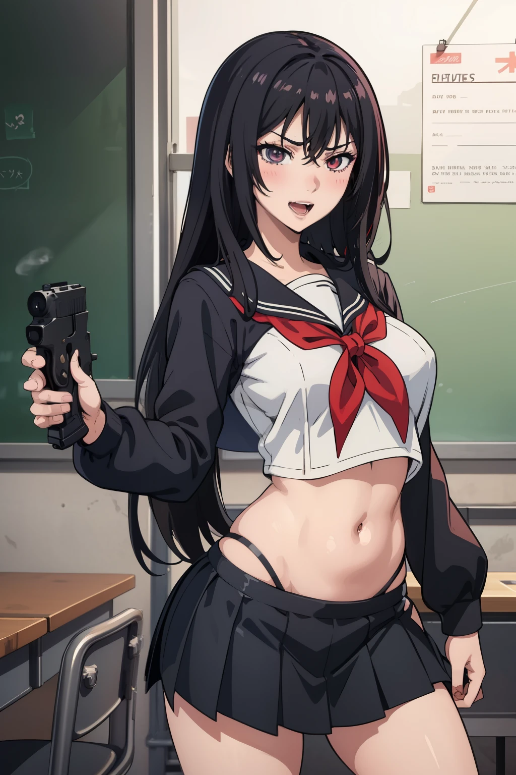 perfect anatomy, 1girl, solo, SawaragiShiho, black hair, long hair, big breast, blush, lipstick, Hot girl, baddie, staring, glaring, bad attitude, mean girl, crazy, smoking, sensual, attractive, masterpiece, best quality, highly detailed, a anime girls in sailor uniforms with a gun posing for a picture,
evil smile, smile, open mouth,black_serafuku, ecchi anime style, anime girls , (nsfw) not safe for work,
ecchi style, ecchi, shipgirls, digital anime art!!, high school girls, holding a gun, hold a gun, anime style 4
k, micro skirt, exposed belly, exposed navel, exposed midriff, holding pistol,
exposed lower belly,school, classroom,