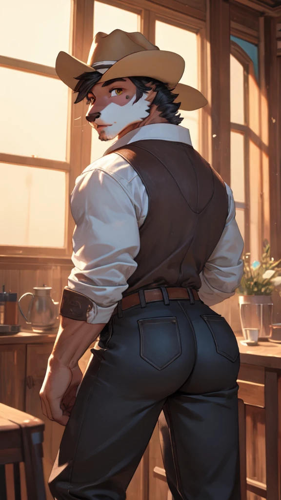 of regularity, good butt, looking at the viewer, only pants, Cowboys, back view, tailless,