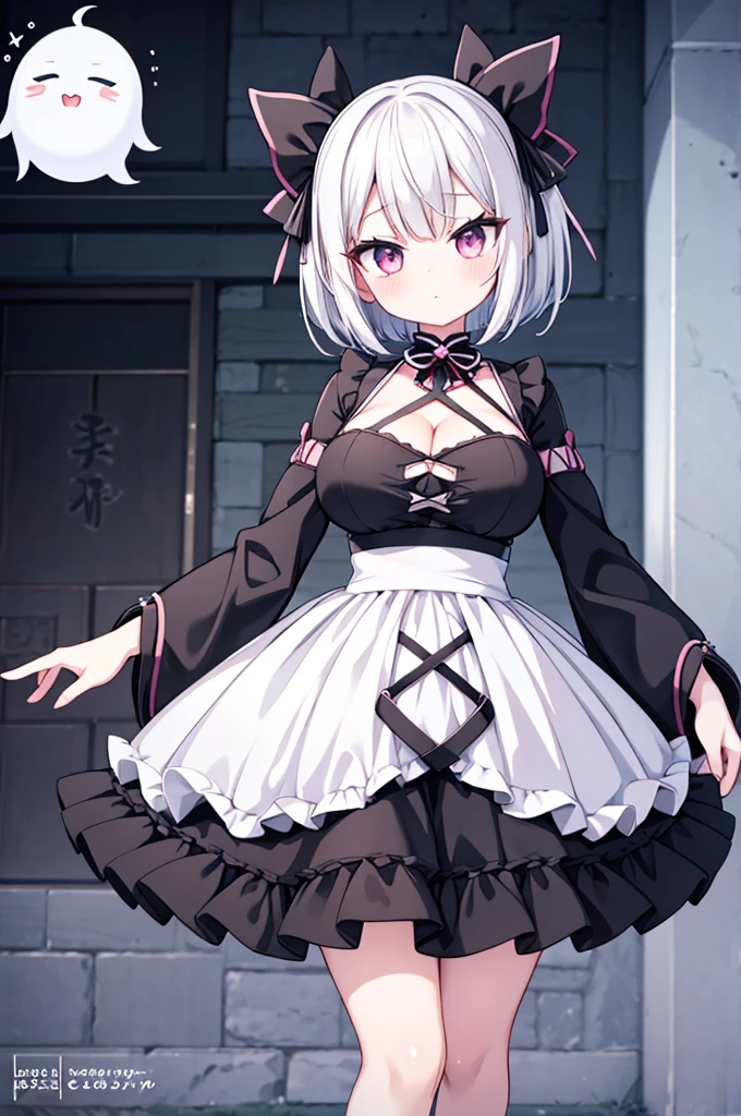 Anime-style image of a woman with white hair and black clothing, Cute 3D anime girl render, Cute anime waifu in a nice dress, Anime VTuber Full Body Model, Anime girl in a black dress, Gothic Maiden Anime Girl, Highly detailed characters, Official character art,Onmyoji,Big Tits,ghost,Bobcut