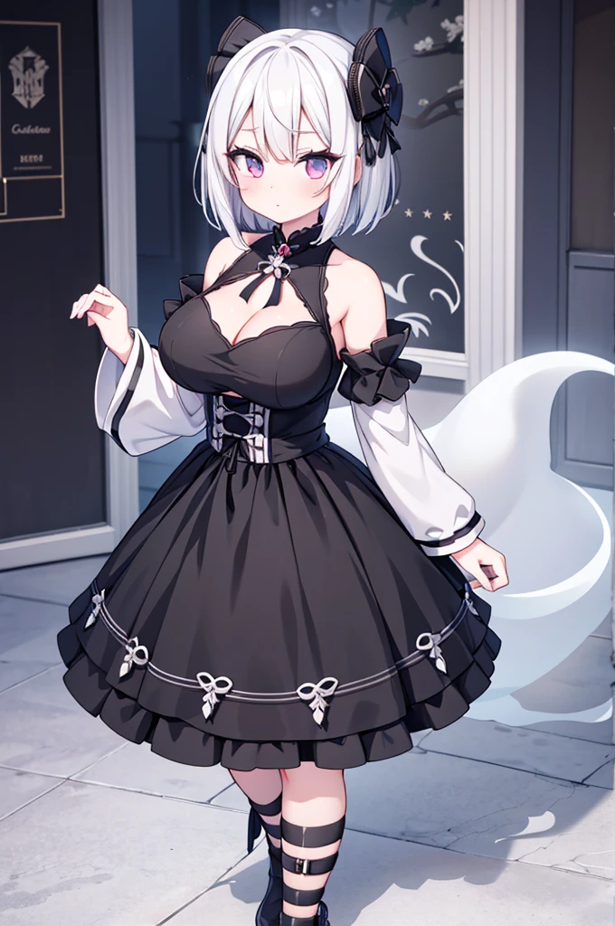 Anime-style image of a woman with white hair and black clothing, Cute 3D anime girl render, Cute anime waifu in a nice dress, Anime VTuber Full Body Model, Anime girl in a black dress, Gothic Maiden Anime Girl, Highly detailed characters, Official character art,Onmyoji,Big Tits,ghost,Bobcut