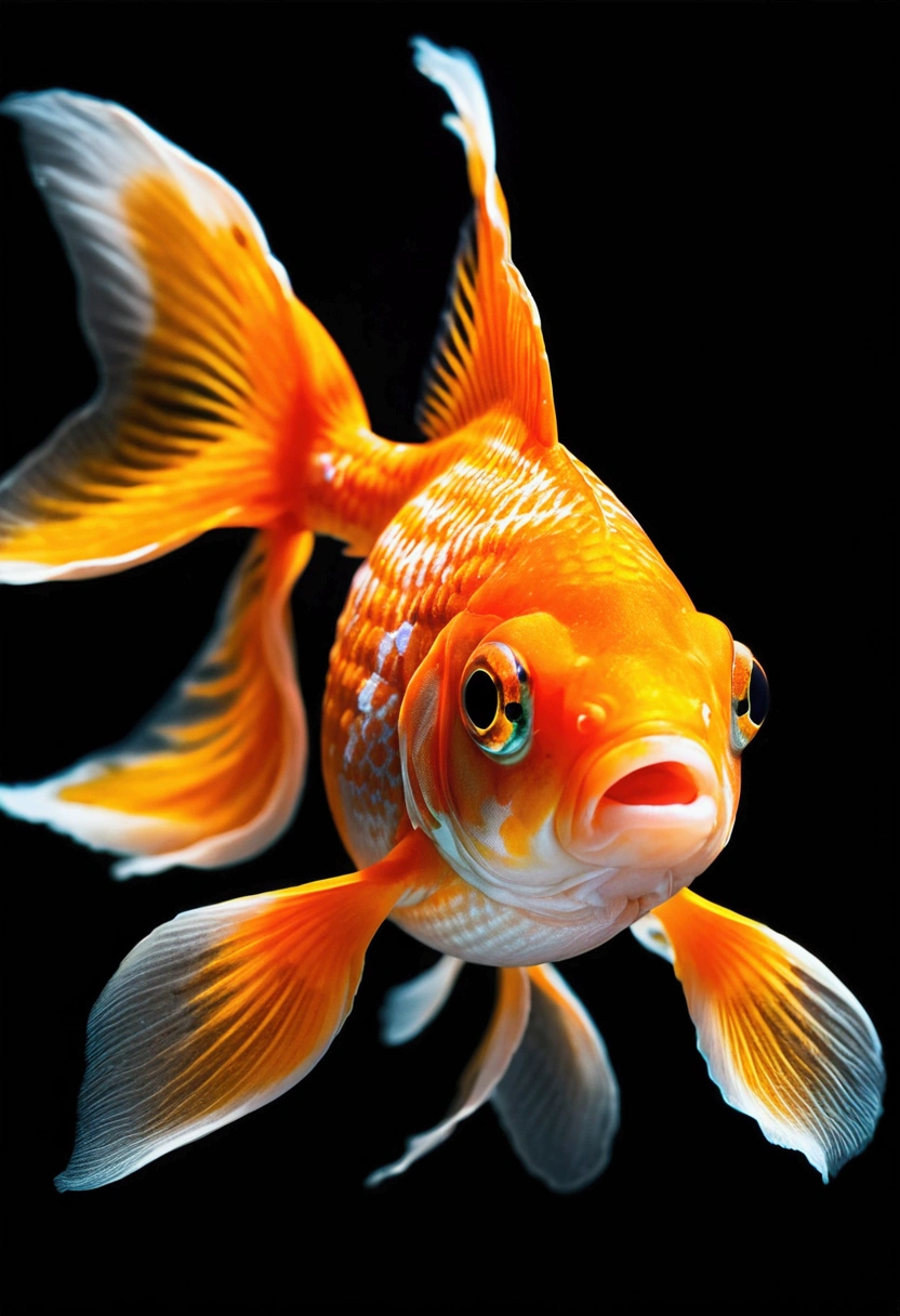 perfect center, Miraculous goldfish, Cheerfulness, Standing position, abstract beauty, in the middle, looking at camera, Facing the camera, Close to perfection, dynamic, Highly detailed, smooth, Sharp focus, 8ก, high resolution, illustration, Art by Carn Griffiths and Vadim Kashin., black background