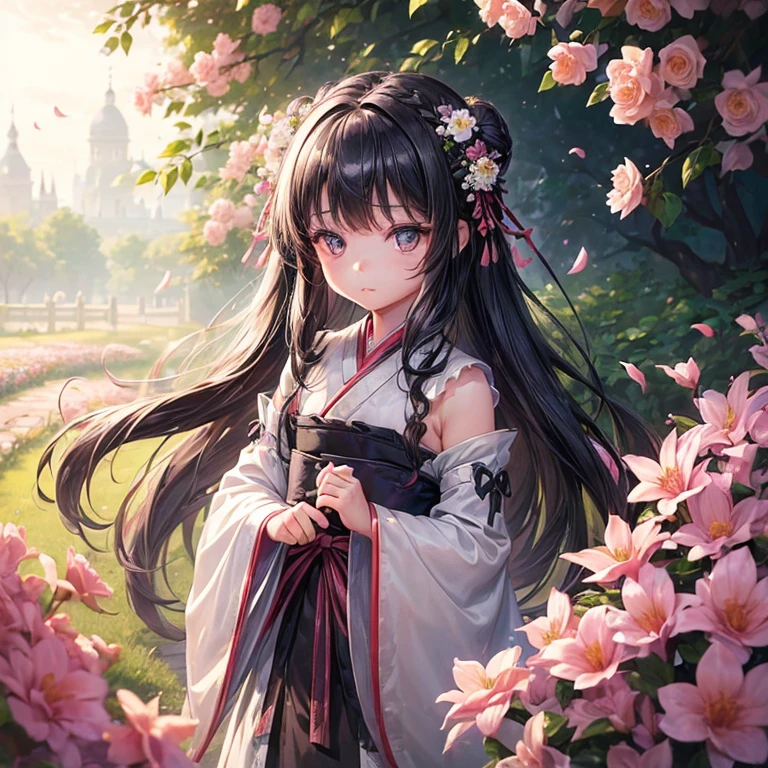 (: 1.5), lace, ribbon, Hanfu, (masterpiece, Side light, Beautifully and fair gray eyes: 1.2), masterpiece, actual, glowing eyes, shiny hair, black hair, long hair, shiny skin, alone, Awkward, Strapless, Beautifully, fair, garden, Flowers, fluttering petals,