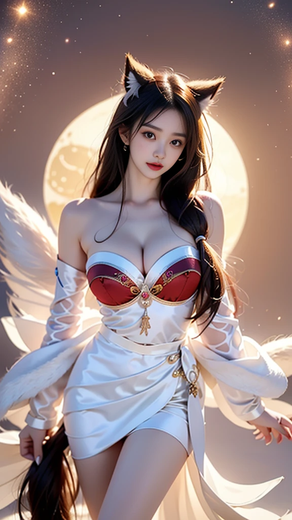 ahri_Cosplay
White Tails, Black long hair, yellow eyes ((knee shot)), ((Shoot at random angles)), ((Visible cleavage)), ((E-cup)), ((I-type Valley)), ((Warm colors)), Galaxy Background, Long-range shooting, A beautiful woman,Elegant posture,Standing,Slender figure。Her legs are slender and straight,Cross placement,Forming a perfect diagonal composition。Head gently sideways,Long blond hair falls naturally,Gently brushing her shoulders。Soft colors,In stark contrast to her fair skin。The edge of the skirt ripples gently,As if swaying in the breeze。Her eyes were gentle,There is a faint smile on the lips。The whole picture looks very harmonious and beautiful