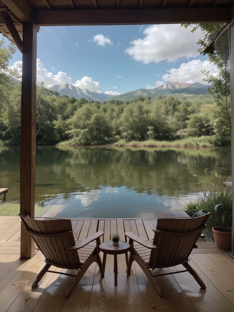 a close up of two chairs on a wooden deck near a lake, stunning nature in background, beautiful place, all in the amazing outdoors view, lago di sorapis, beautful view, beautiful lake, very close to real nature, paradise in the background, mountains and lakes, sitting in front of a lake, beautiful scenic view, very beautiful scenery, gorgeous view