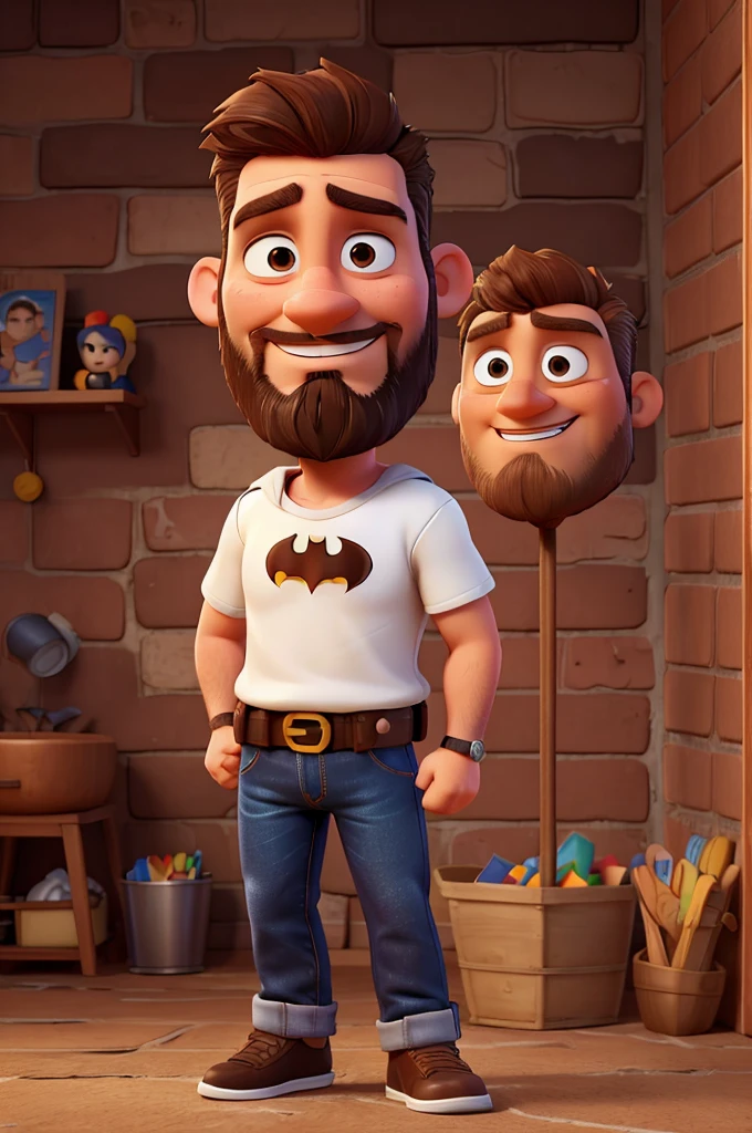 White man, 39 years old, Brazilian, face with striking features, short, spiky brown hair that falls slightly to the forehead, brown eyes, beard with irregular goatee, a slight smile, Batman cosplay without mask, jeans, old school black sneakers, poster pixar disney style 3d movie