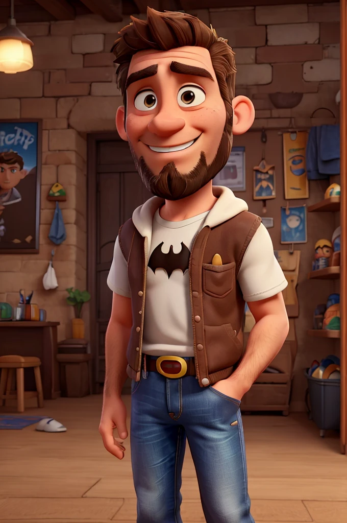 White man, 39 years old, Brazilian, face with striking features, short, spiky brown hair that falls slightly to the forehead, brown eyes, beard with irregular goatee, a slight smile, Batman cosplay without mask, jeans, old school black sneakers, poster pixar disney style 3d movie