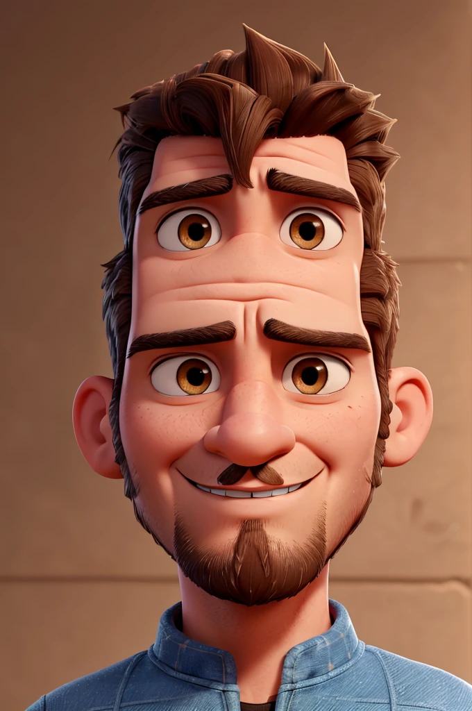 White man, 39 years old, Brazilian, face with striking features, short, spiky brown hair that falls slightly to the forehead, brown eyes, beard with irregular goatee, a slight smile, Batman cosplay without mask, jeans, old school black sneakers, poster pixar disney style 3d movie