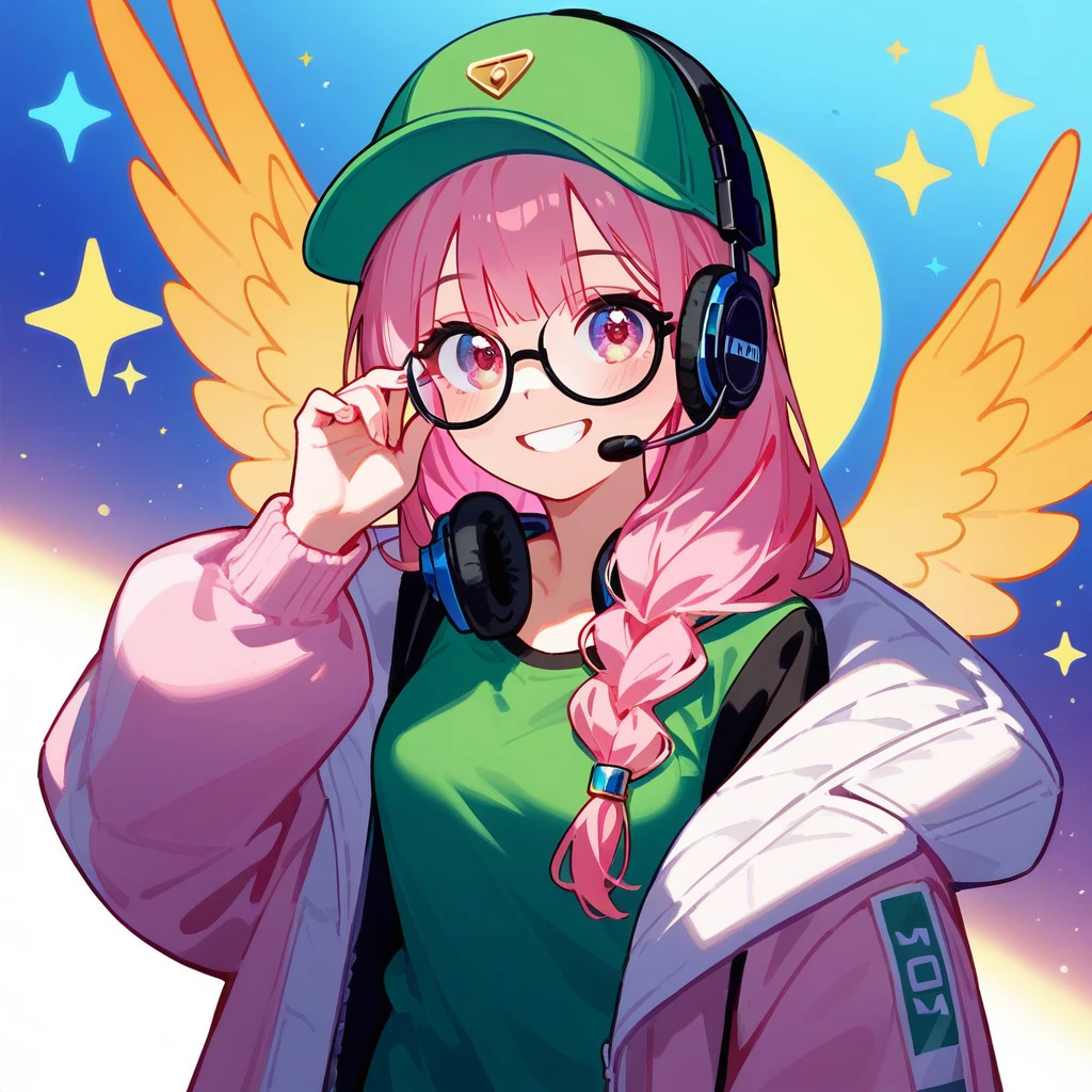 |1girl, standing up, looking at viewer, hairstyle, gold rose accessories, green clothes, medium size breast, friendly, glasses, pale skin, gamer, cute, cool, headset, Heartsteel style, pink hair, medium hair in front, long hair back, green clothes, pink coat, cool headset, rounded glasses, winged hat, gamer, 8k, humanization, looking at viewer, smile, attitude, solo, masterpiece, fully dressed, full resolution, high definition, portrait, cute eyes, cheerful, dynamic posse, elite, sneakers, pants