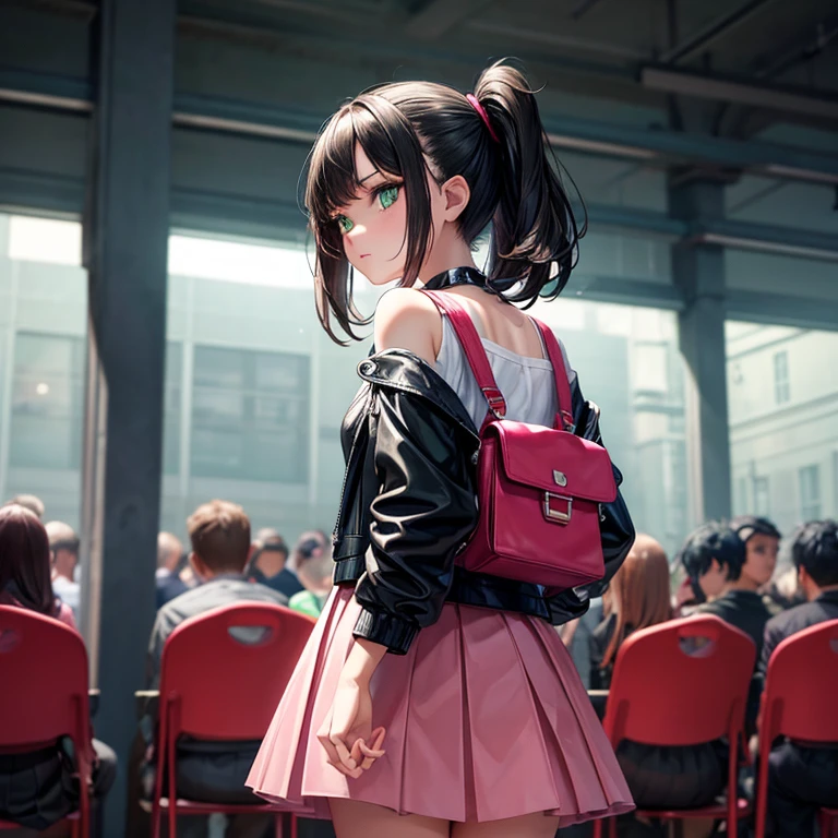 fair, masterpiece, best quality, extremely detailed face,  Perfect lighting, 1 girl, alone, sketch, Marnie (Pokémon), Green eyes, Asymmetric bangs, Backpack, Bags, black collar, black Jacket, Vague, Vague background, collar, Keep your mouth shut, skirt, from behind, Indoors, Jacket, Long sleeve, looking at the audience, Look back, Off-shoulder, pink skirt, red Bags, alone