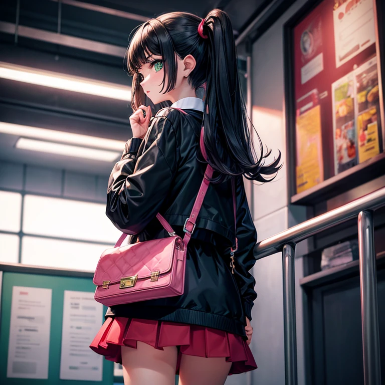 fair, masterpiece, best quality, extremely detailed face,  Perfect lighting, 1 girl, alone, sketch, Marnie (Pokémon), Green eyes, Asymmetric bangs, Backpack, Bags, black collar, black Jacket, Vague, Vague background, collar, Keep your mouth shut, skirt, from behind, Indoors, Jacket, Long sleeve, looking at the audience, Look back, Off-shoulder, pink skirt, red Bags, alone