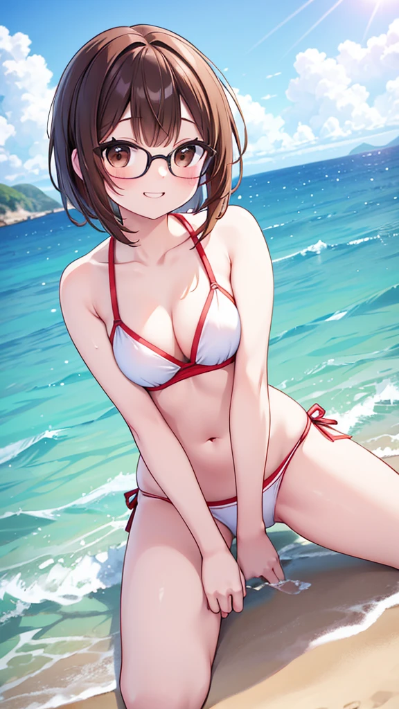 Sandy Beachに座る、Shooting from the feet、Shooting from the lower body、boyish、Baby Face、fun、Comical smiling facial expression、Shynesischief、Expectations、surprise、Shyness、Sandy Beach、Midsummer、sun、Ocean、blue sky、Daytime、pretty girl , Shooting from below, One Girl, Brown Hair、Very short hairstyle, Brown eyes、Red frame glasses、A soft-looking body、Normal body type、White skin、White Bikini,Highest quality, 4K, 8k, High resolution, masterpiece:1.2, Very detailed, Realistic, photoRealistic, photo-Realistic:1.37, High resolution, 超High resolution, Studio Lighting, Ultra-Okay painting, Sharp focus, Physically Based Rendering, Very detailed説明, Professional, Vibrant colors, Bokeh